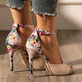 Girlfairy Women T-Strap Heel Pumps Floral Print Sandals Peep Toe Stiletto Heels for Dress Shoes