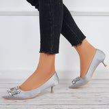 Girlfairy Women Pumps Pointed Toe Kitten Heels Rhinestone Buckle Wedding Shoes