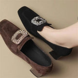 Girlfairy Women Pump Square Toe Suede Slide-On Oxford Heels Buckle Crystal Spring And Fall Shoes