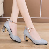 Girlfairy 5Cm Mid Heel High Heels Silver Shiny Sequin Party Wedding Shoes Fashion Chunky Heels Chain Ankle Strap Ladies Pumps Plus Size 41