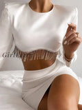 Girlfairy 2023 Satin Long Sleeve Crop Top Women White Autumn Winter Sexy Diamond Elegant T Shirts Fashion 90S Vintage Casual O Neck