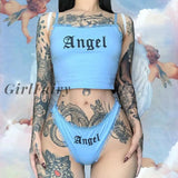 Girlfairy Angel Print Sexy Cute 2 Piece Set Lingerie Cotton Lounge Wear Summer Clothes For Women