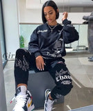Girlfairy Streetwear Two 2 Piece Set Women Tracksuit Female White Black Tops And Pants Matching Sets