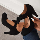 Girlfairy Women's Black Thick Heel Pumps Bowknot Round Toe Ankle Strap Heels