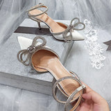 Girlfairy New Fashion Glitter Rhinestones Women Pumps Crystal Bowknot Silk Pointed Toe Buckle Strap Thin High Heels Party Prom Shoes