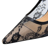 Girlfairy Sexy Black Flower Lace Mesh Pumps Women Pointed Fashion Party Shoes Show Thin High Heels Shoes Women's Office Shoes Shallow