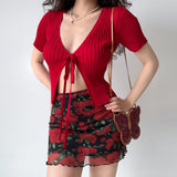 Girlfairy spring outfit summer top Crimson Chic Knitted Tie Cardigan ~ HANDMADE
