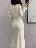 Girlfairy 2024 Spring and Summer outfitElegant Chic Bodycon Lace Patchwork Mesh Midi Dresses for Women Autumn Winter New Vintage Slim Casual Party Female Clothing Robe