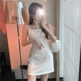 Girlfairy Spring and Summer outfitSummer Sexy White Spaghetti Strap Party Mini Dress 2024 French Prom Women Clothe Backless Pearls Camisole Black Sleeveless Dress