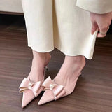 Girlfairy Women's Bowknot Design Sandals, Slip on Point Toe Solid Color Elegant Stiletto Heel Shoes, Summer Comfy Dress Slides Shoes
