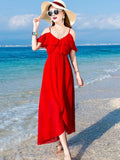 Girlfairy Bohemian V-neck Ruffle Sleeve Women Dresses 2023 Summer New Chiffon Asymmetrical Design A-line Slim Sling Red Dress