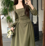 Girlfairy 2024 Spring and Summer outfitSummer Elegant Party Casual Lady Long Dresses Retro Folds Puff Sleeves Fashionable Sexy Design Slimming Waist Green Dress