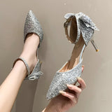 Girlfairy Luxury Silver Sequin High Heels Wedding Shoes Women 2024 Autumn Crystal Bowtie Ankle Straps Bridal Shoes Woman Thin Heeled Pumps