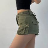Girlfairy Denim Cargo Mini Skirt Women Korean Style Low Waist Slim Sexy Vintage Streetwear Green Jean Skirt Y2k Girl Summer