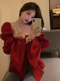 Girlfairy Red Korean Style Sexy Blouse Women Chic Design Casual Elegant Blouse Female 2023 Autumn Sweet Long Sleeve Evening Party Clothes