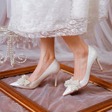 Girlfairy Luxury Pearl Bowknot Wedding Pumps Women Sexy Stiletto Heels Party Shoes Woman Silk Pointed Toe Rhonestone Pumps Ladies