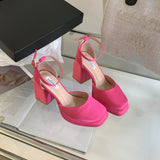 Girlfairy New Silk Wedding Party Women Pumps Sandals Punk Style Platform Buckle Strap Thick Square High Heels Shoes