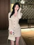 Girlfairy French Elegant Slim Knitted Dress Short Party One Piece Dress Korean Fashion 2023 Winter Sexy Bodycon Y2k Mini Dress Woman Chic