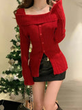 Girlfairy 2023 Winter Red Casual Knitted Sweater Woman Slim Korean Style Elegant Tops Office Lady Long Sleeve Fashion Pullover Design