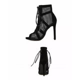 Girlfairy New Fashion Show Black Net Fabric Cross Strap Sexy High Heel Sandals Woman Shoes Pumps Lace-up Peep Toe Sandals Casual Mesh
