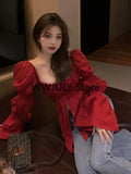 Girlfairy Red Korean Style Sexy Blouse Women Chic Design Casual Elegant Blouse Female 2023 Autumn Sweet Long Sleeve Evening Party Clothes