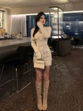 Girlfairy French Elegant Slim Knitted Dress Short Party One Piece Dress Korean Fashion 2023 Winter Sexy Bodycon Y2k Mini Dress Woman Chic