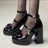 Girlfairy Punk Heart Buckle High Heels Pumps Women Spring Y2K Black Chunky Platform Lolita Shoes Woman Bowtie Thick Heel Gothic Shoes