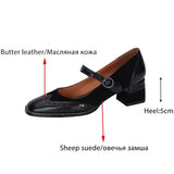 Girlfairy Genuine Leather Mary Jane Women's Shoes Fashion Retro Buckle Shallow Pumps Square Toe Thick Heel Handmade Shoes Woman Size 34-40