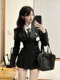 Girlfairy 2023 Winter Preppy Style Fashion Blazers Coat Suit Black Korean Style Slim Jackers + Casual Shirts French Elegant Sets Woman