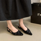 Girlfairy New Bling Women Sandal Fashion Pointed Toe Shallow Slip On Ladies Elegant Slingback Shoes Med Heel Pumps Shoes