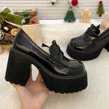 Girlfairy Super High Heels Loafers Women Spring Patent Leather Chunky Platform Pumps Woman Slip On Black Jk Uniform Shoes Mary Janes