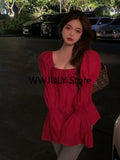 Girlfairy Red Korean Style Sexy Blouse Women Chic Design Casual Elegant Blouse Female 2023 Autumn Sweet Long Sleeve Evening Party Clothes