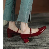 Girlfairy Spring Autumn Women Buckle Mary Janes Shoes Patent Leather Dress Shoes High Heels Pumps Retro Ladies Shoe Black Red