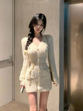 Girlfairy French Elegant Slim Knitted Dress Short Party One Piece Dress Korean Fashion 2023 Winter Sexy Bodycon Y2k Mini Dress Woman Chic