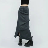 Girlfairy Grey Cargo Long Skirt Women American Retro Streetwear High Waist A-line Drawstring Irregular Pleated Split Midi Skirt