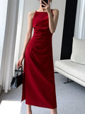 Girlfairy Summer Korean Elegant Slim Red Sleeveless Midi Dress New Fashion Spaghetti Straps Bodycon Split Clothes Office Lady Vestidos