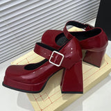 Girlfairy Pink Black Red Heeled Women Pumps Mary Janes Shoes Square Toe White High Heels Female Working Party Dance Shoes Spring