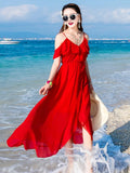 Girlfairy Bohemian V-neck Ruffle Sleeve Women Dresses 2023 Summer New Chiffon Asymmetrical Design A-line Slim Sling Red Dress