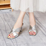 Girlfairy  Womens Cross Strap High Heels Slippers 2024 Summer Luxury Golden Square Toe Sandals Women Designer Clear Heel Slides Woman