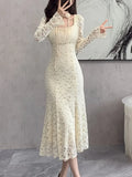 Girlfairy 2024 Spring and Summer outfitElegant Chic Bodycon Lace Patchwork Mesh Midi Dresses for Women Autumn Winter New Vintage Slim Casual Party Female Clothing Robe