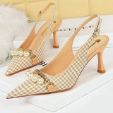 Girlfairy Shoes  Spring Women Pumps Pearl Metal Chain High-heels Checked Grain Stilettos Women Heels Luxury Banquet Shoes 43