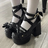 Girlfairy Futurecen 2024 Lolita Shoes Women Mary Janes High Heels Shoes Chunky Sandals Summer Fashion Retro Bow Party Platform Pumps