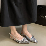 Girlfairy New Bling Women Sandal Fashion Pointed Toe Shallow Slip On Ladies Elegant Slingback Shoes Med Heel Pumps Shoes