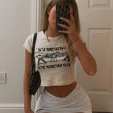 Girlfairy Summer Women's T-shirts White New Crop Top Letter Print Short Sleeve Sexy Casual O-Neck Streetwear Fashion Cropped Tops Female