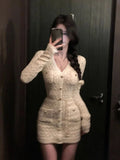 Girlfairy French Elegant Slim Knitted Dress Short Party One Piece Dress Korean Fashion 2023 Winter Sexy Bodycon Y2k Mini Dress Woman Chic