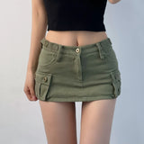 Girlfairy Denim Cargo Mini Skirt Women Korean Style Low Waist Slim Sexy Vintage Streetwear Green Jean Skirt Y2k Girl Summer