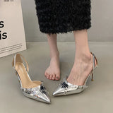 Girlfairy Y2K Silver High Heels Sandals Women Summer Punk Goth Pointed Toe Party Shoes Woman Metallic Thin Heeled Dress Pumps Ladies