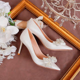 Girlfairy Luxury Pearl Bowknot Wedding Pumps Women Sexy Stiletto Heels Party Shoes Woman Silk Pointed Toe Rhonestone Pumps Ladies