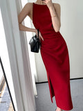 Girlfairy Summer Korean Elegant Slim Red Sleeveless Midi Dress New Fashion Spaghetti Straps Bodycon Split Clothes Office Lady Vestidos