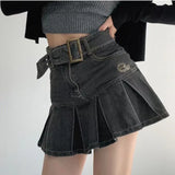 Girlfairy Denim Pleated Mini Skirt Vintage Sexy High Waist A-line Belt Women Embroidery Jean Short Skirt Summer Japanese Y2k